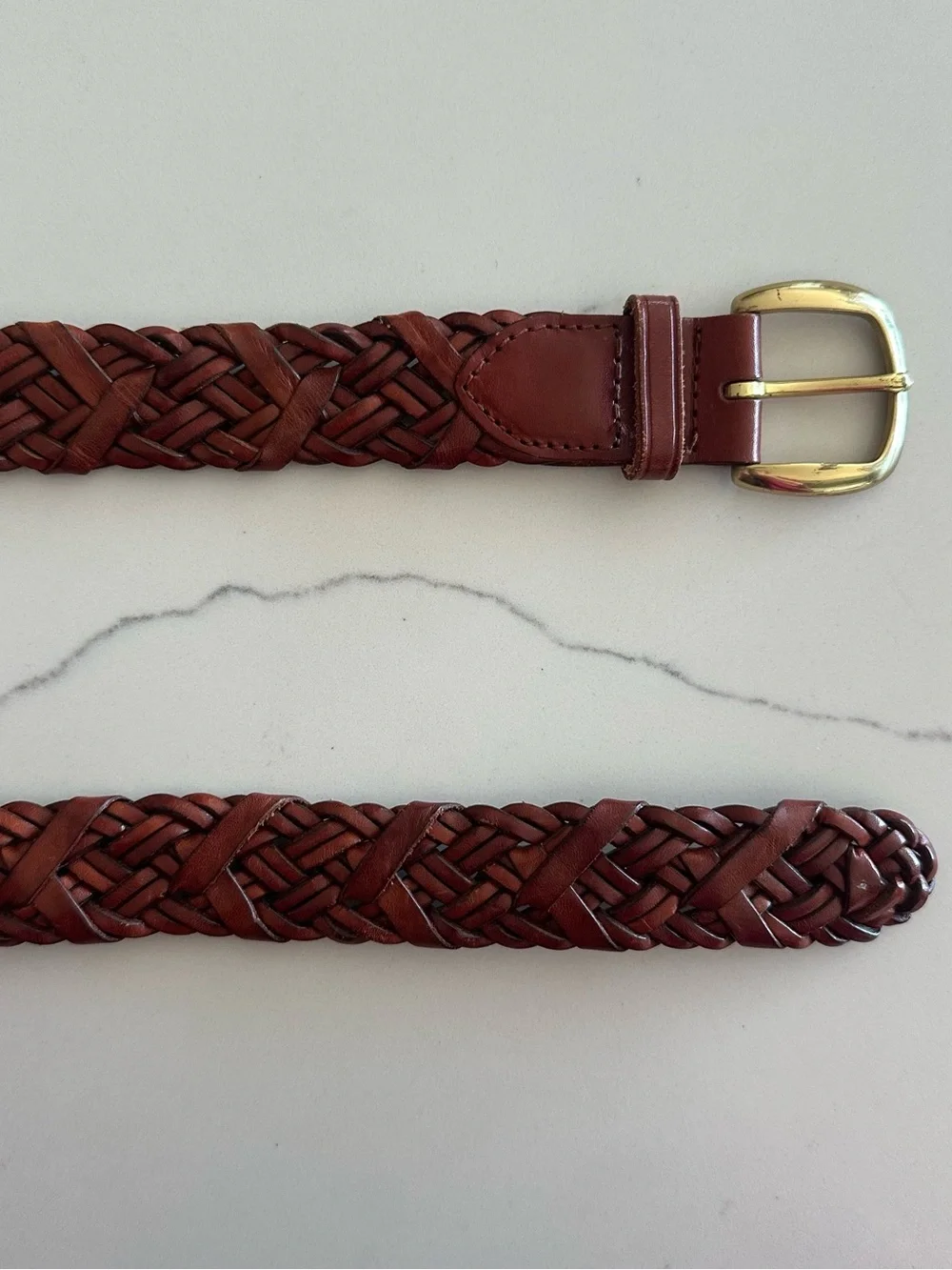 Vintage Talbots Braided Leather Belt Solid Brass Square Buckle Warm Brown Large